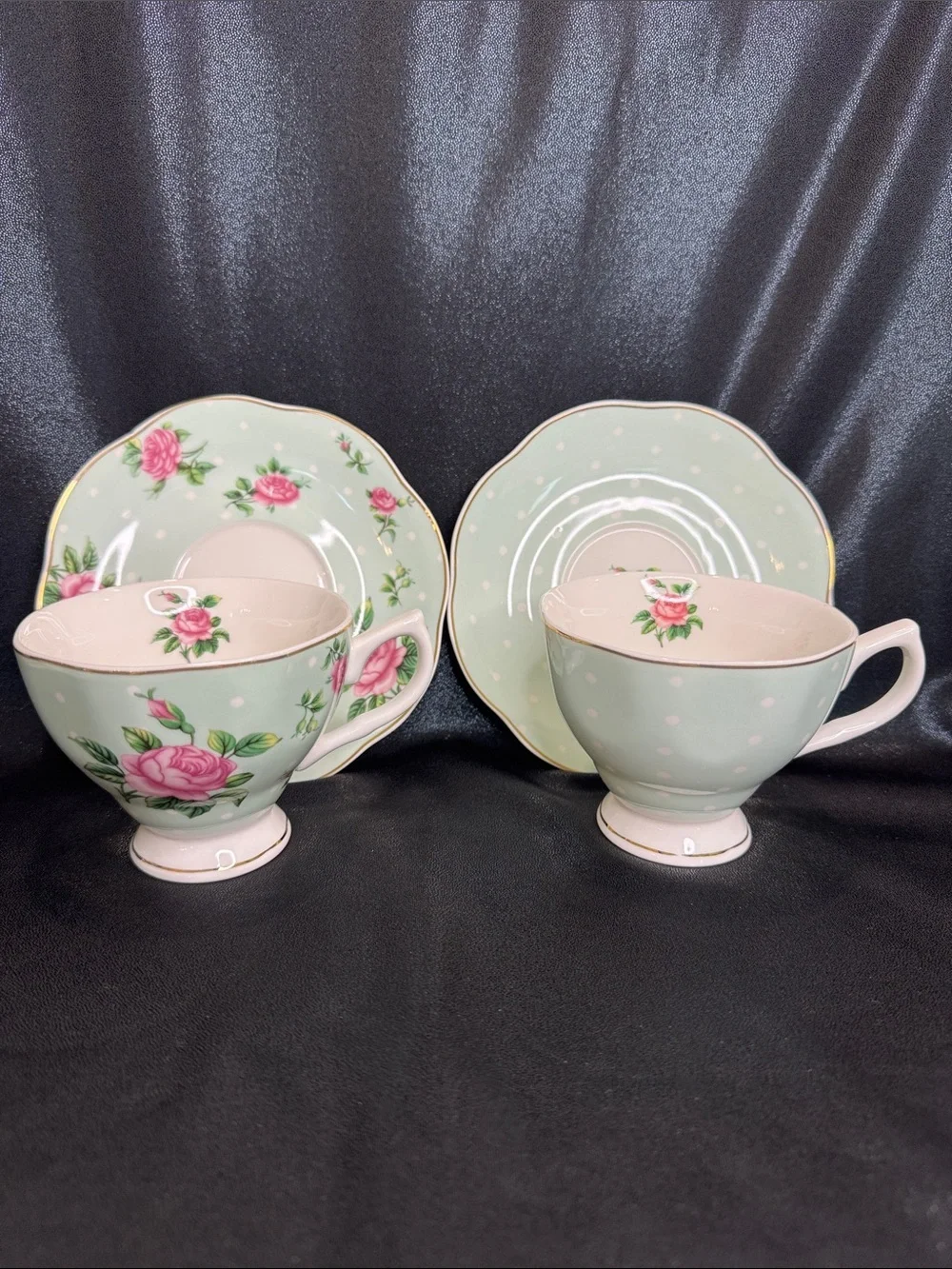 BTaT Floral Teacups and Saucers Set of (2), 8 oz. Fine Porcelain w/Gold Trim